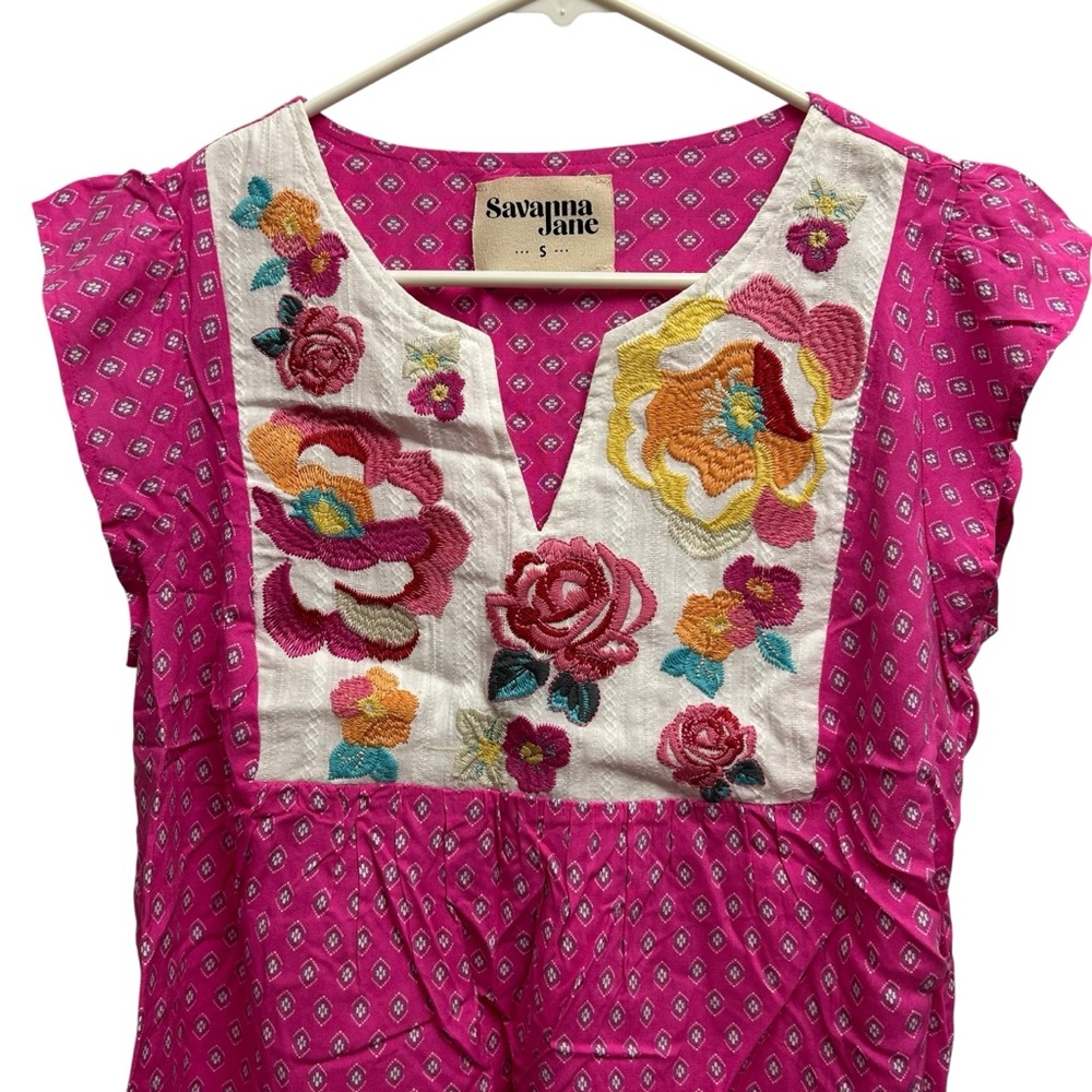 Savanna Jane Pink Geo Print Top with Colorful Floral Embroidery